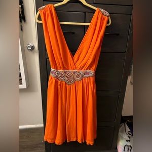 French connection deep V-neck dress orange, with beads on the shoulders & waist